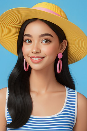 Portrait of a beautiful young asian woman in swimsuit and sun hatの素材