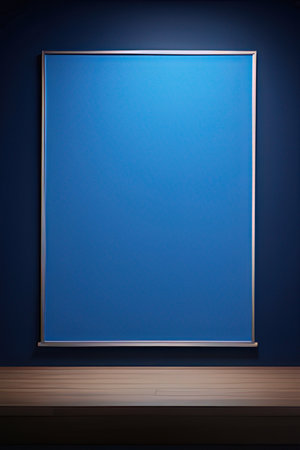 Blank picture frame on a blue wall. 3d render.の素材
