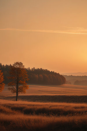 Autumn Landscape with a lonely tree in the field at sunriseの素材