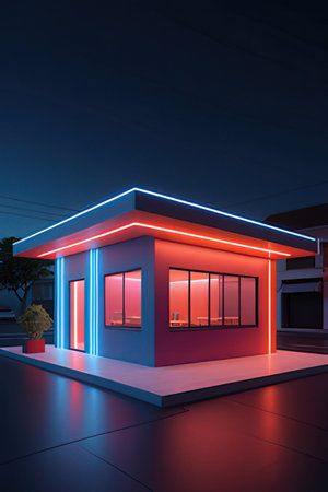 3D rendering of a building with neon lights in the night.の素材