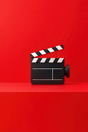 Movie clapper board on red background. Copy space for your text.の素材