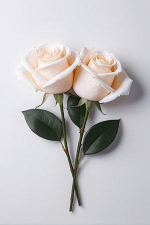 Two white roses on white background. Top view. Flat lay.の素材