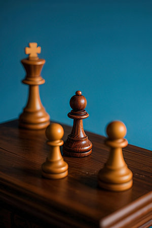 Wooden chess pieces on a blue background. Close-up.の素材