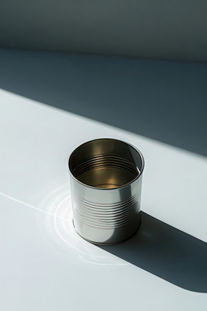 Tin can on white background with sunlight and shadow. Minimal style.の素材