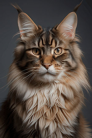 Close-up portrait of cat in studio on gray backgroundの素材