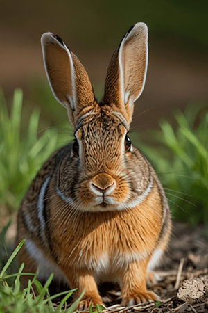 Rabbit sitting on the ground in the grass looking at the cameraの素材