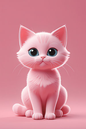 Cute cat with blue eyes sitting on pink background. 3D rendering.の素材