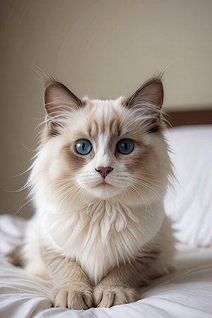 Beautiful long-haired cat with blue eyes in a white bedの素材