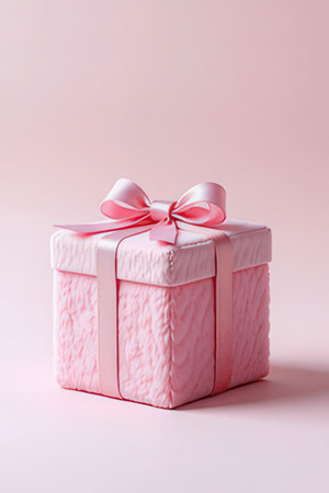 Pink gift box with pink ribbon bow on pink background, holiday conceptの素材