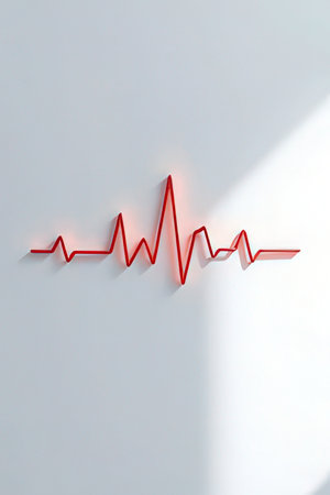 Red heartbeat line on a white wall with shadow and copy space.の素材