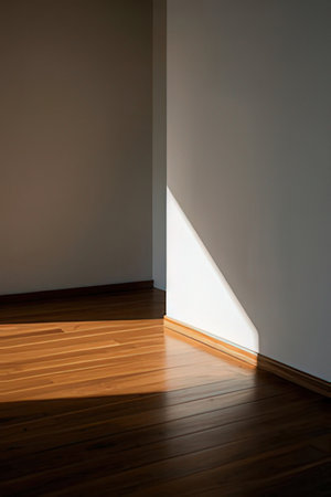 interior of new house, empty room with wooden floor and white wallの素材