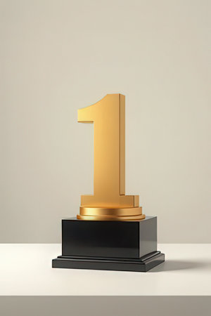 Number one gold trophy on a white background. 3d render.の素材