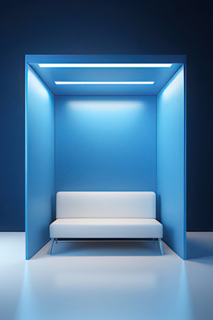 Exhibition stand with sofa in blue light. 3D rendering.の素材