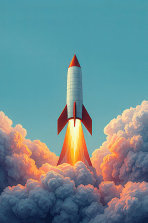 Rocket flying in the sky. 3d illustration. Retro style.の素材
