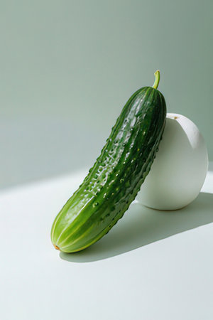 Cucumber and egg on a white background. Vertical orientation.の素材