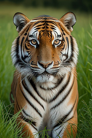 Portrait of a tiger in the grass, Panthera tigris altaicaの素材