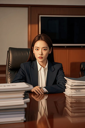 businesswoman in suit sitting at workplace with papers and looking at cameraの素材