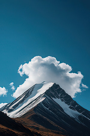 Beautiful mountain landscape with snow-capped peaks and blue skyの素材