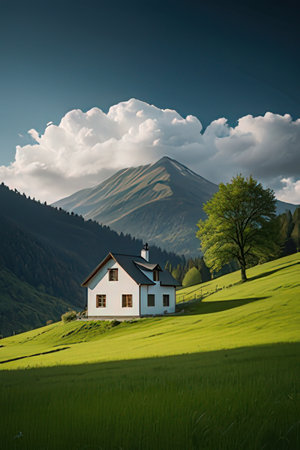 Idyllic mountain landscape with small house in green meadow.の素材
