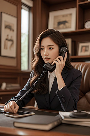 asian businesswoman talking on phone in office, looking at cameraの素材