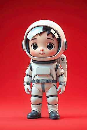 Cute little baby astronaut on red background. 3D rendering.の素材