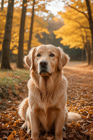 Golden Retriever dog in the autumn park. Golden Retriever in the autumn forest.の素材