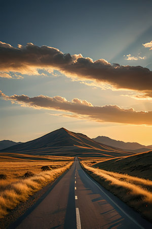 Road in the desert at sunset, South Island, New Zealand.の素材