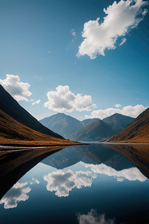 Tibetan mountain lake with reflection of clouds and blue skyの素材