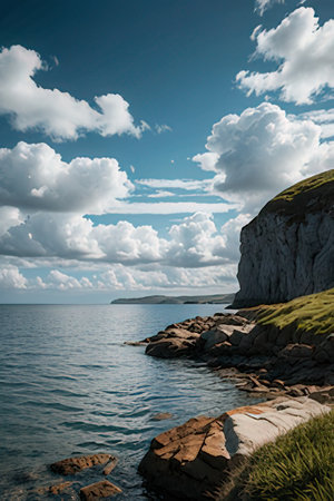 rocky coast of the baltic sea with blue sky and cloudsの素材