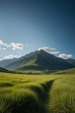 Beautiful landscape of grassland with mountains and blue sky background.の素材