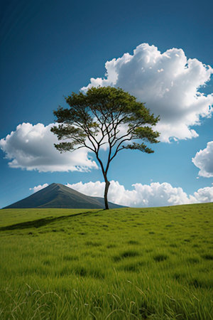 Lonely tree on a green meadow with mountain in the backgroundの素材