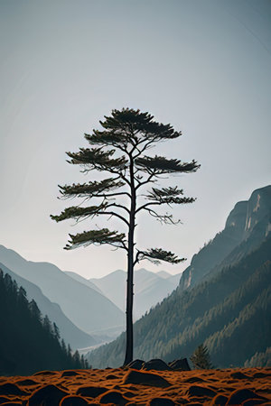 Lonely pine tree in the mountains, 3d render.の素材