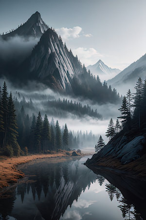 Beautiful mountain landscape with lake and forest in the fog at sunriseの素材