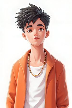 Portrait of a young man in an orange jacket. 3d renderingの素材
