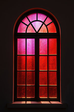Stained glass window in dark room with red vignette.の素材