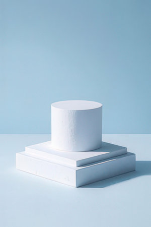 White pedestal on blue background. Minimal scene. 3d renderの素材