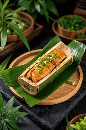 Fried dumplings in bamboo basket.の素材