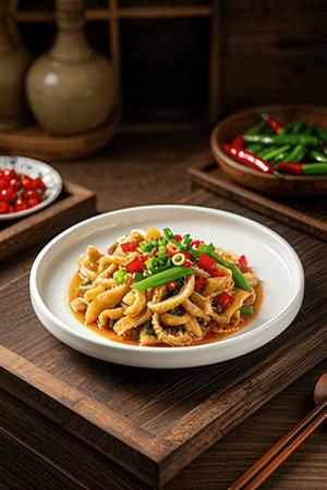 stir-fried squid with chili and green peas in a bowlの素材