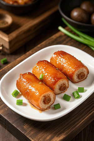 Eel rolls with sesame seeds and spring onions on wooden backgroundの素材