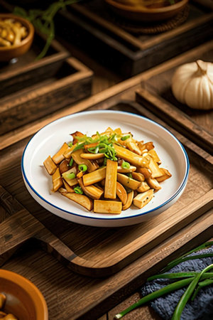 stir-fried king oyster mushrooms with garlic on a plateの素材