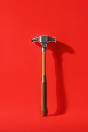 Hammer on red background, top view. Labor day concept.の素材