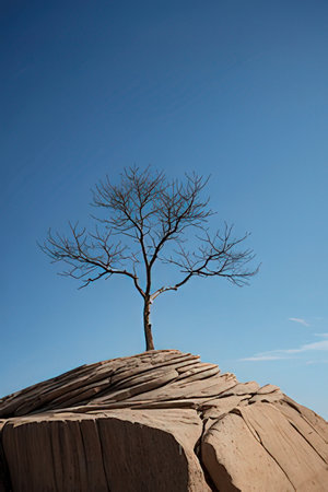 Dead tree on top of a rock in the desert of Namibiaの素材