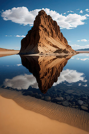 Reflection of a rock in the water of a desert lake.の素材