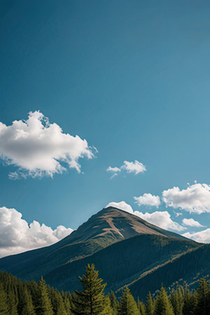 Mountain landscape with forest and blue sky. Caucasus, Russia.の素材