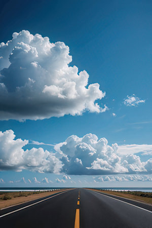 Road to the sea and blue sky with white clouds. Travel concept.の素材