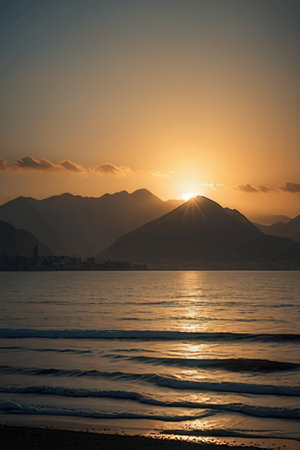 Sunset on the beach with mountains in the background. Toned.の素材