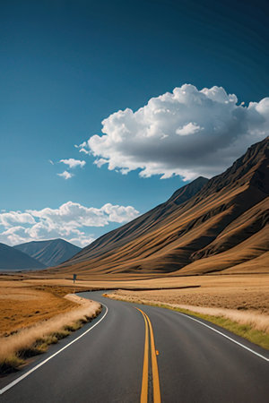 Road in the desert with mountains and clouds in the blue sky.の素材