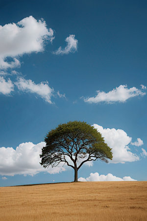 Lonely tree on the field with blue sky and white cloudsの素材