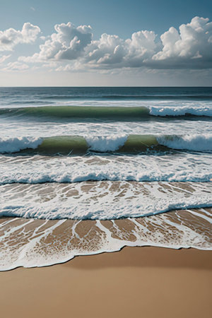 Beautiful seascape with waves on the sandy beach in the morningの素材