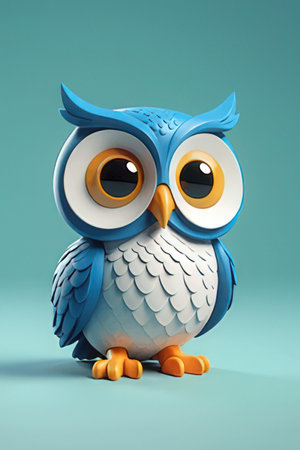 Cute blue owl on a blue background. 3d illustration.の素材